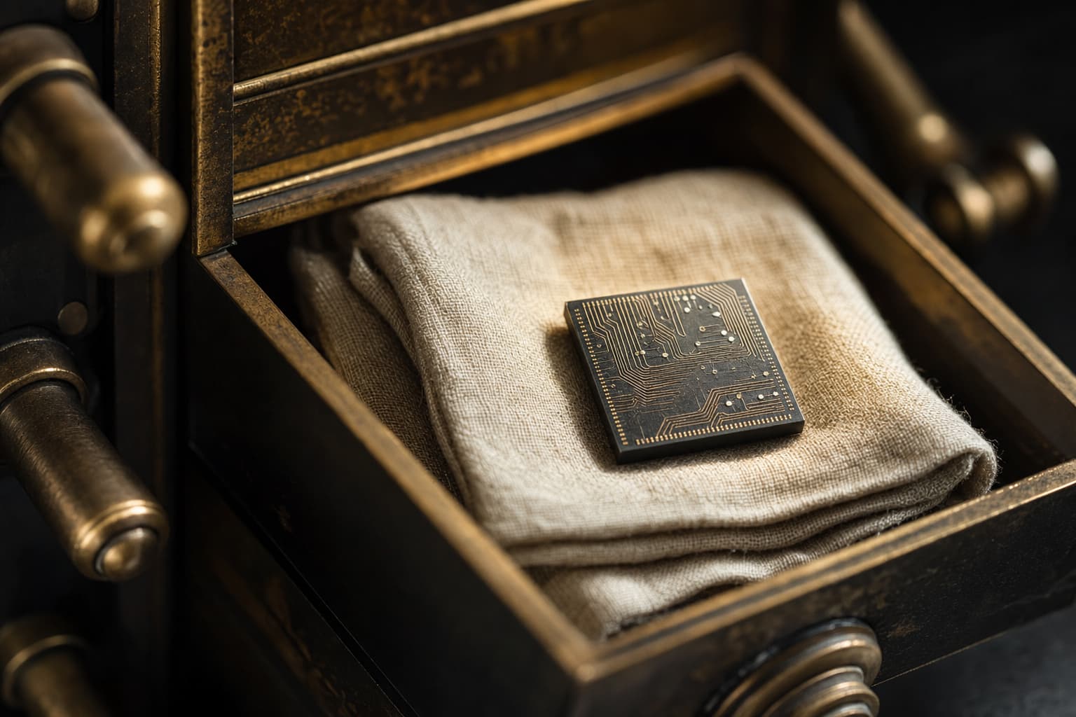 A circuit-patterned computer chip resting on cream linen inside an open brass vault drawer